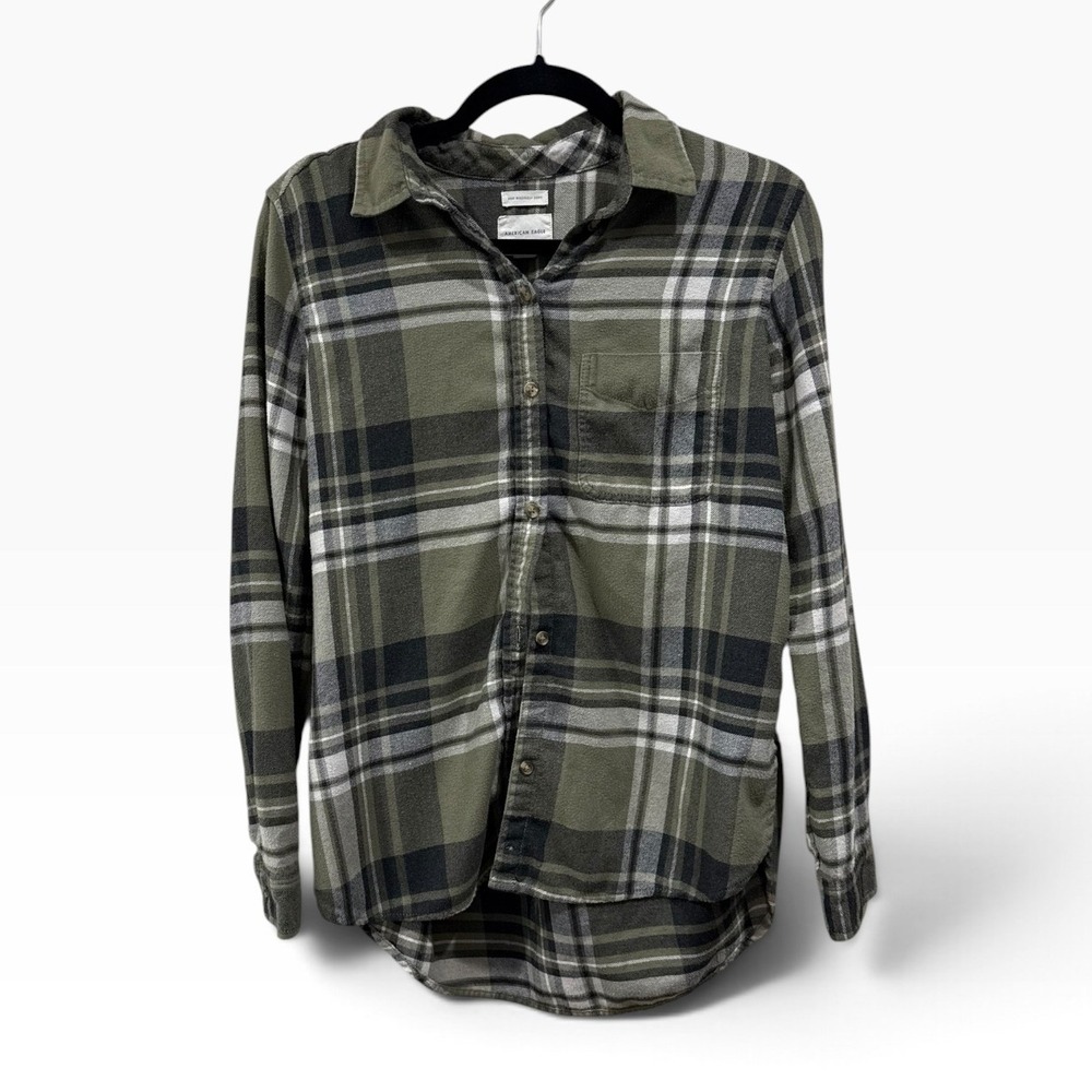 American Eagle Womens S Ahh-Mazingly Soft Flannel Shirt Green Plaid Boyfriend